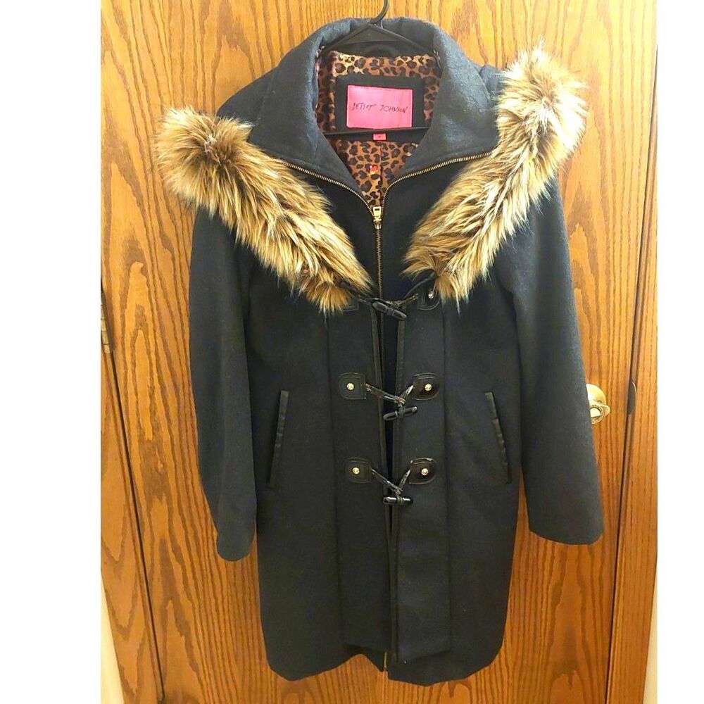 Betsey Johnson Black Wool Blend Duffle Coat Faux Fur Hood Leopard Lining M